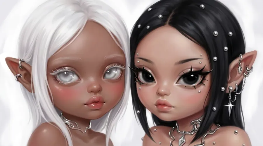 Dos personajes creados con IA por Chaos Department, una de pelo blanco y otra de pelo negro con perlas plateadas