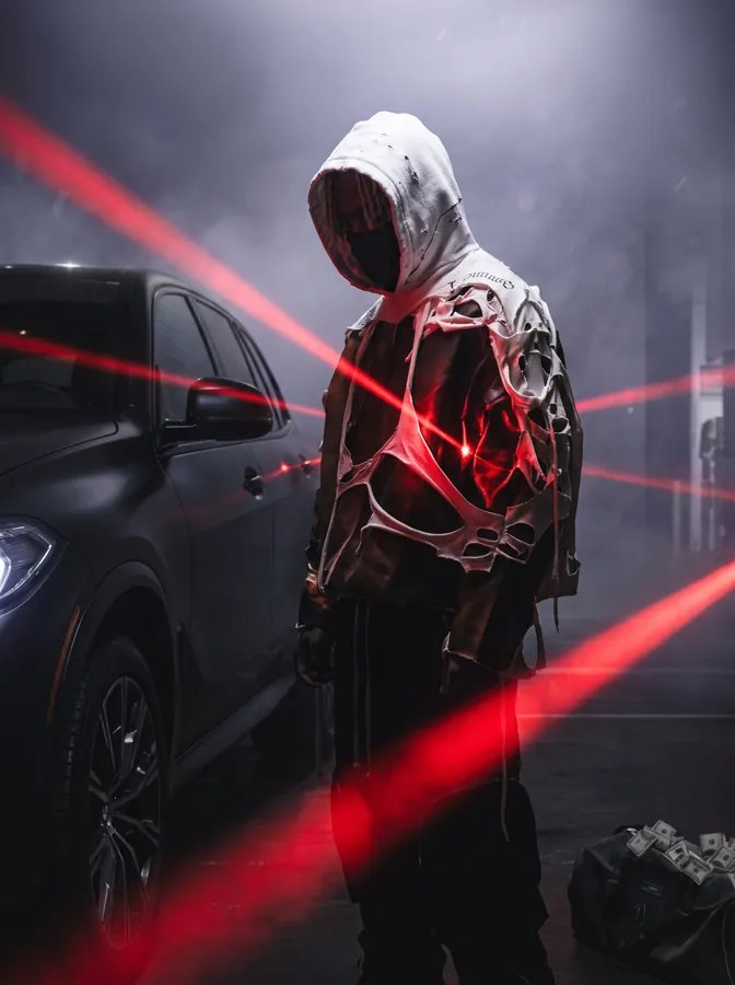 Figura con sudadera blanca desgarrada entre haces láser rojos junto a un coche negro